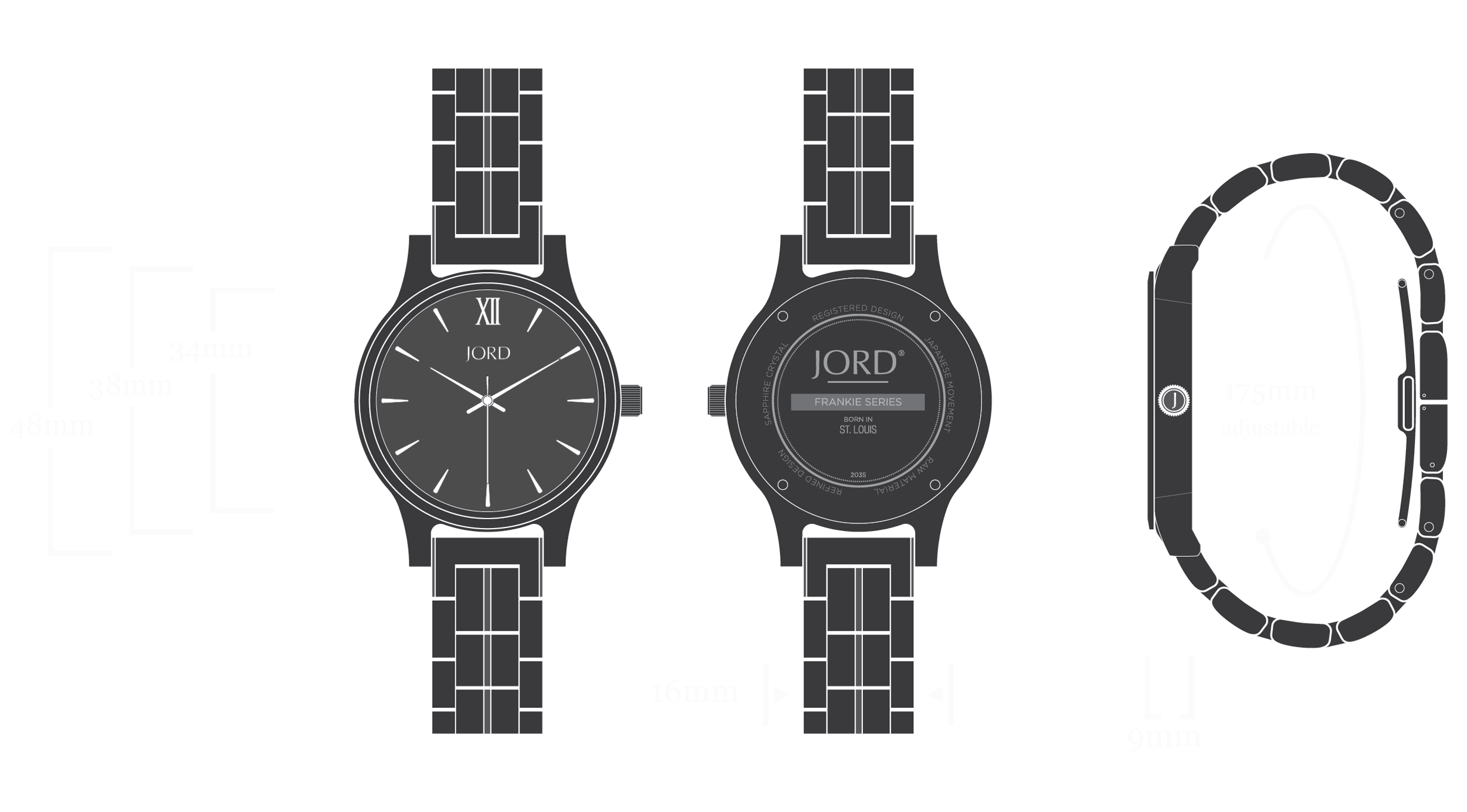 Frankie 38 - Ebony & Gold Watch Diagram